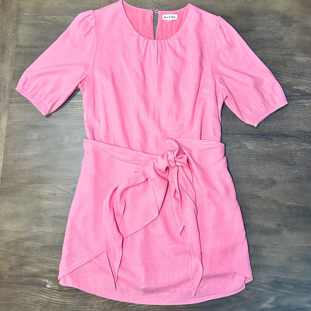 Aaron & Amber Pink Tie Waist Wrap Mini Dress Size M Linen Blend Party Fun